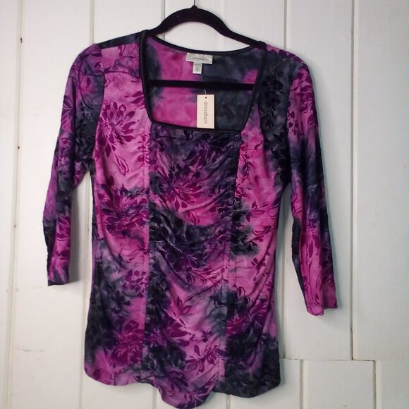 Dressbarn Blouse PL Petite L 3/4 Sleeve Velvet Front Gathers Gothic Purple Black - Picture 1 of 16